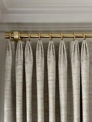 Custom hardware brushed brass and raw silk drapery