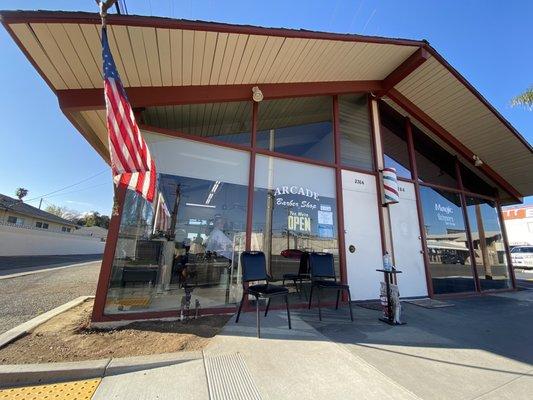 Exterior of barber shop.