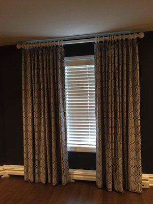 Custom drapery over 2" wood blinds