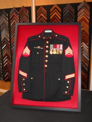 Marine dress blue jacket shadow boxed at Frame It!