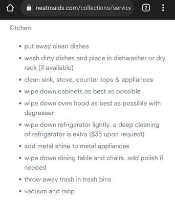 List of services I was expecting for the cleaning that was not met.