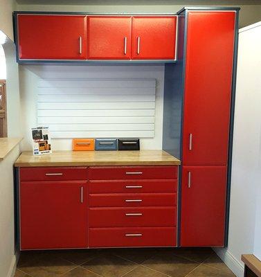 Custom garage storage in a variety of cool colors.