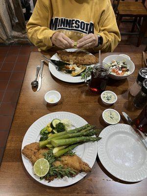 Fried catfish and vegetable sides, Greek salad.