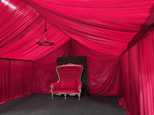 Red Velvet Full Draped Canopy for rent in Los Angeles. Order yours for Valentine's Day!