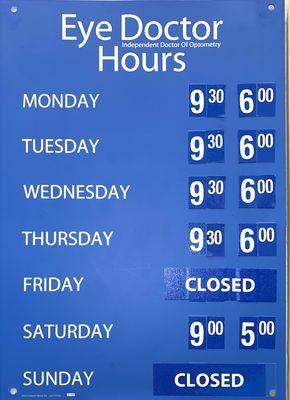 Independent Dr. of Optometry, current business hours.