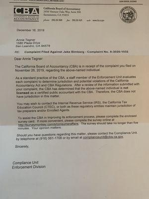 Letter from California board of Accountancy stating Jake Birnberg is NOT a certified public accountant