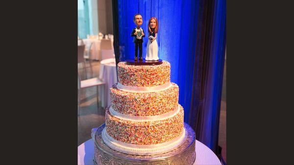 Our fun Wedding Cake! I am sprinkle-obsessed...this cake illustrates that! Baked by One Atlantic. Eagles/Giants cake topper :)