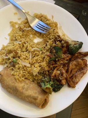 Was starving so didn't get a pic before we started digging in! Chicken and Broccoli w/ Pork Fried Rice. Comes with free egg roll or soda!