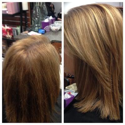 Before and after of an all over color, partial highlight, cut, and style by Cheryl.