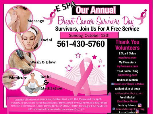 Annual Breast Cancer survivor Day 2017 is Oct 15th  space is limited ALSO, stop by to buy Raffle tickets to win Great prizes 561-430-5760