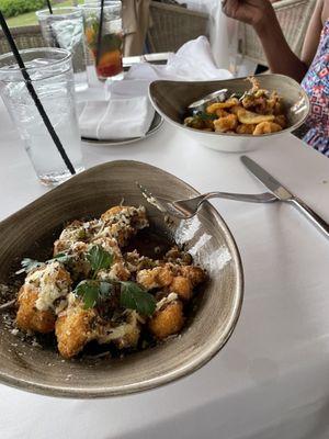 Crispy cauliflower and calamari. Paella and mixed seafood excellent