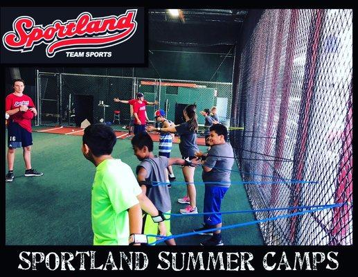 A picture during one of our Sportland summer camps... players are doing jbands getting their arms prepared to throw.