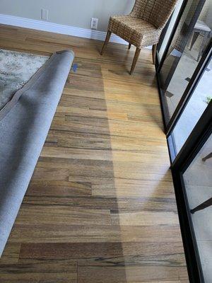 This image shows how the sunlight bleached the flooring giving it a lighter color in appearance the original color is to the left.