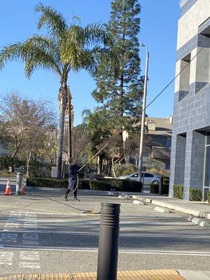 We clean windows up to three stories from the ground with Waterfed deionized water