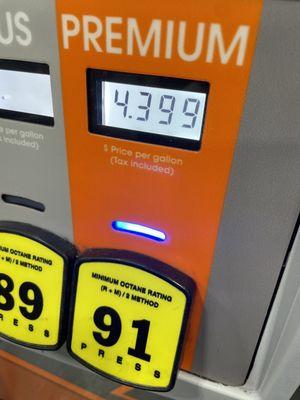 Premium 91 Gas for $4.39.  Cheaper than most 87 gas stations.  12/23