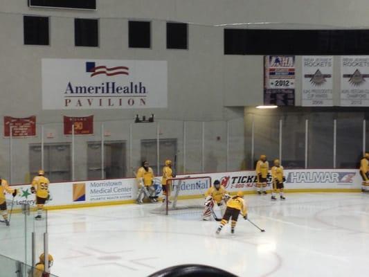 The Amerihealth pavilion during warm ups for a college hockey game.