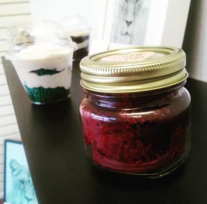 Our Red Velvet Chocolate in glass jar - $8 Blue Velvet Vanilla in the back - $5