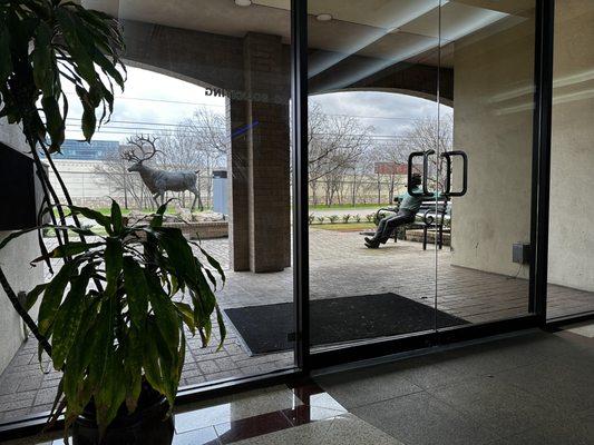 Looking from the lobby towards the entrance facing the freeway.