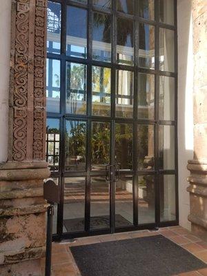 The large front doors to the main lobby.