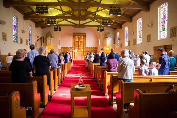 Parishioners gather to worship at Mass either at 5pm Saturday, or 8:30am, 10:30am, or 5pm Sunday.