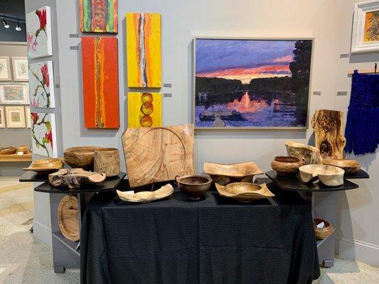 Woodwork by Bob McElhaney, Encaustics (L) by Paul Fontana, Lake Sunset in Oil by Barbara Brogdon