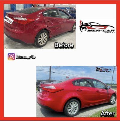 BEFORE AND AFTER
 KIA FORTE 
* FREE ESTIMATE
*OPEN & PROCESSES CLAIM 
* RIGTH REAR DOOR REPAIR
* PROVIDED A RENTAL CAR