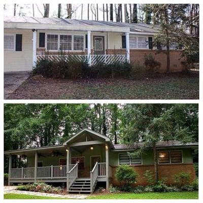 This is a before and after shot of a house we did in Decatur, GA. Added a font porch and re-did the siding