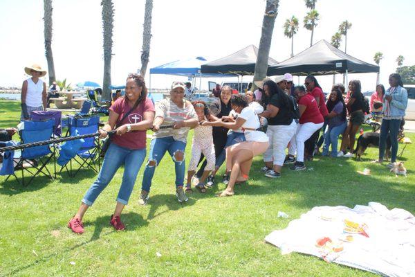 Bibles on the Beach- tug-a-war