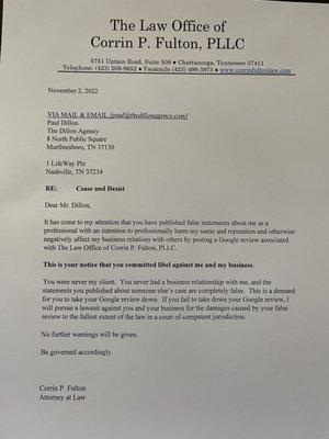 A threatening letter from Corrin Fulton because I left a review of her services. A review that was based upon my own observations.