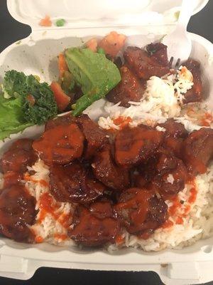 Teriyaki meatballs with Sriracha on top. One of the daily specials