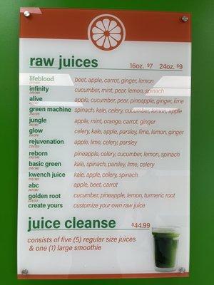 Raw Juices Menu