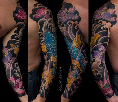 Japanese tattoo. Japanese sleeve. Koi japanese tattoo. Color japanese sleeve.