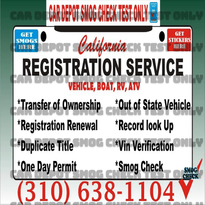 Registration Services, VIN Verification, DMV Services, Smog check test only, Smog Check Star Certified, Lien Sales, Instant stickers