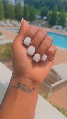 White, short, square, rounded edges; nail design