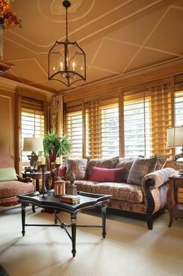 Master BR sitting area renovated and redesigned with wall & ceiling molding, window treatments and furnishings.