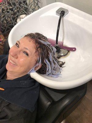 Helping this pretty lady grow her grey out so she doesn't have to colour any more!