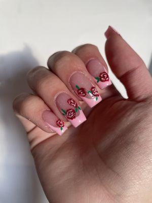 Right hand, Valentines inspired red roses with pink French tips