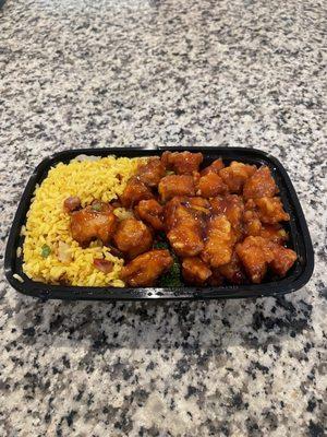 Orange chicken with fried rice combination plate