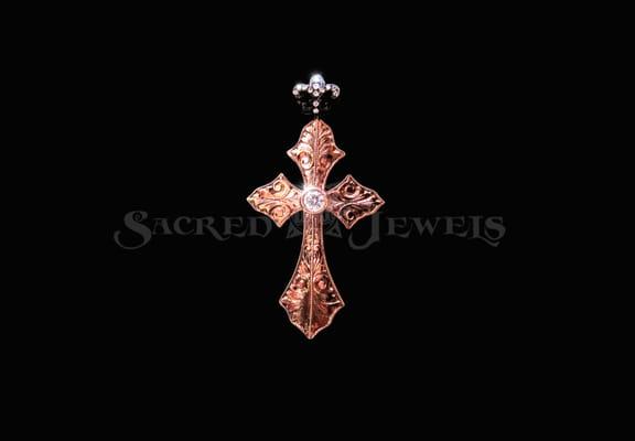 18k rose gold engraved diamond cross pendant.