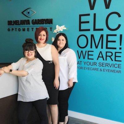 Our team here at your service Daphnee our optician, Dr Garibyan, and Caroline our front office patient care coordinator