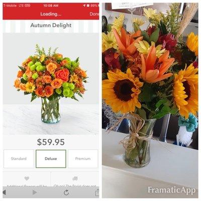 What I ordered vs what was delivered. Not a single rose or green pompons. Disappointed!! What a let down.