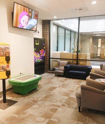 Netflix & Amazon Prime movie choices, balloons, large game tablet, Litebrite, books, magazines, treasure tower available in the lobby.