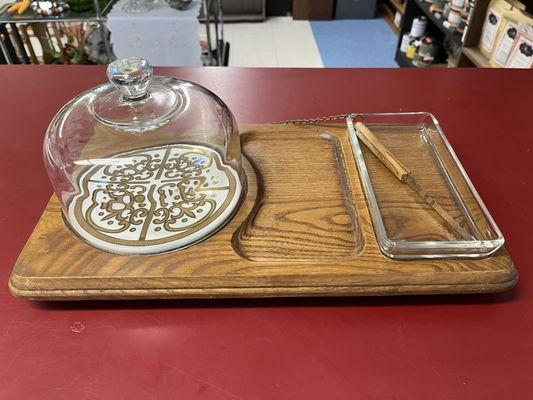 Vintage MCM cheese board with glass dome, glass tray and attached knife