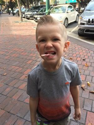 Sweet hair cut for my little man who only wants his hair cut at the barber shop. Jeff was awesome &knocked out 2 boy cuts fast.