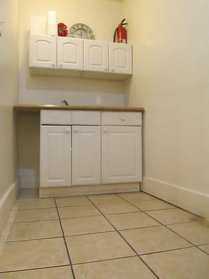 Food prep area included. Has refrigerator, sink, and countertop. Deep freezer available as an extra request.