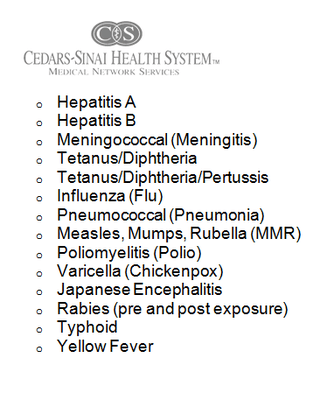 List of vaccines available at the Cedars-Sinai travel clinic