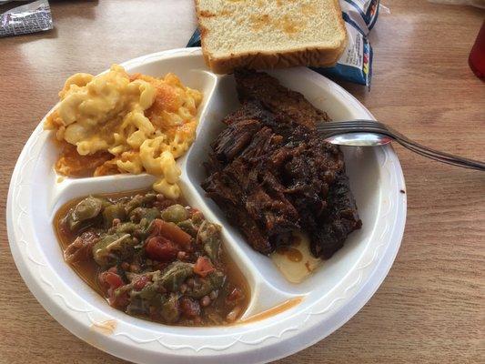 Brisket with mac & cheese and stewed okra & tomatoes