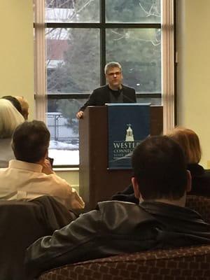 Garth Stein author reading from his book "A Sudden Light" asking the audience to support independent book stores  & libraries.