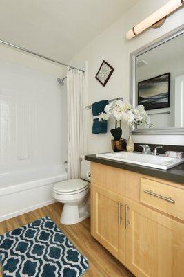 Bathroom with brand new chrome fixtures, new tub surround, upgraded lighting and quartz countertops!