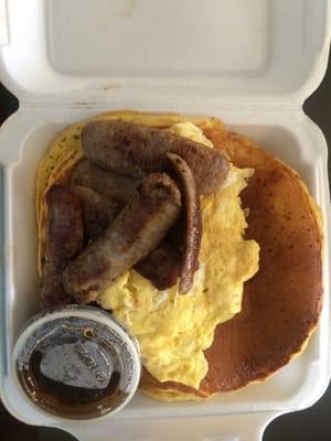 Breakfast - 3 pancakes, 2 scrambled eggs & 3 sausage links.  Tasty and at a reasonable price!